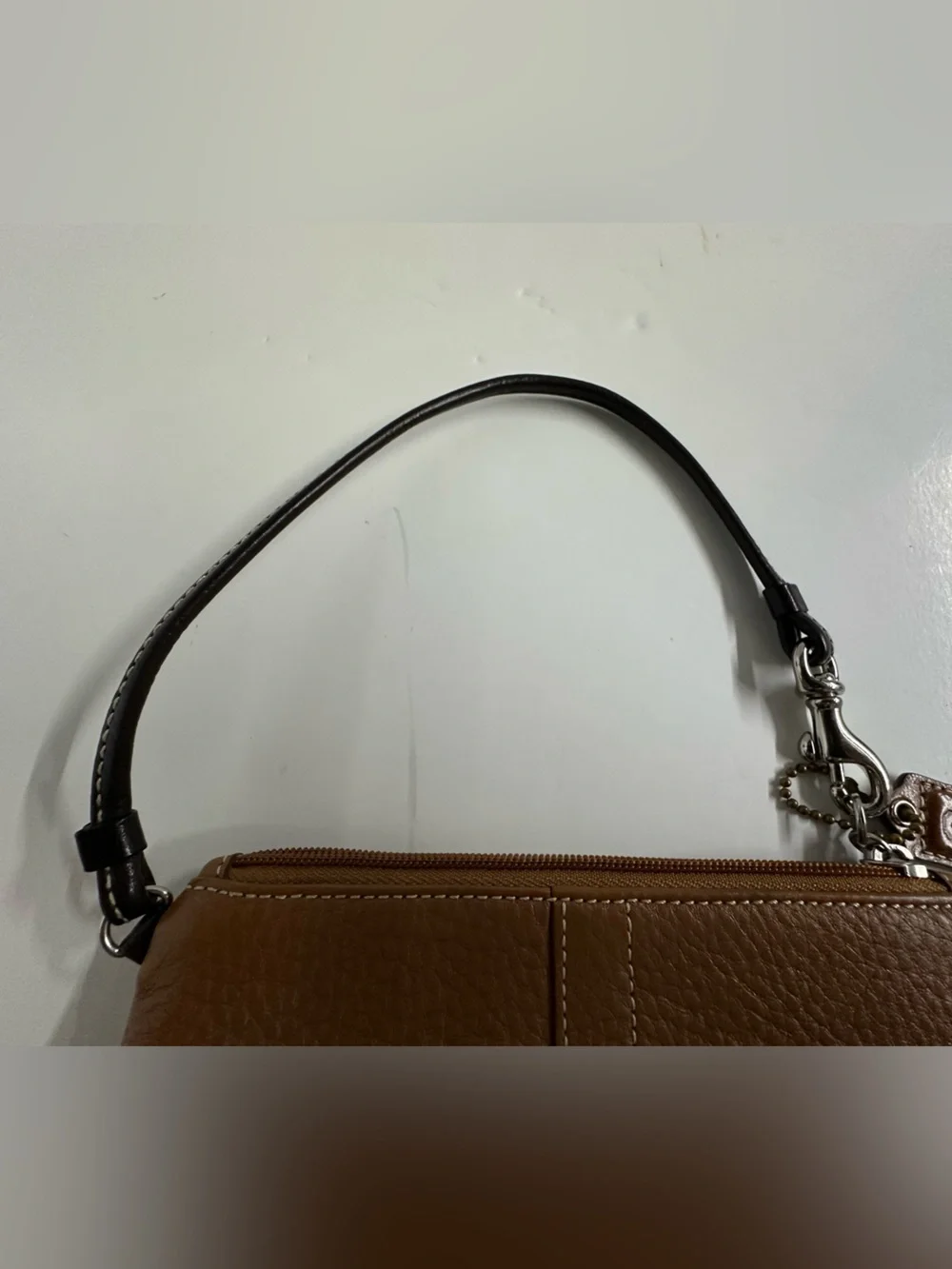 Coach Dark Tan Pebbled Leather Wristlet